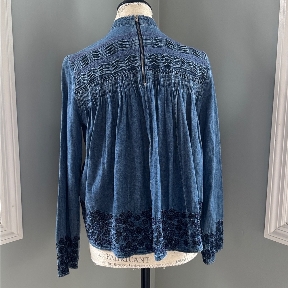 Needle & Thread pintucked embroidered denim high neck blouse EUC size small - Picture 6 of 12